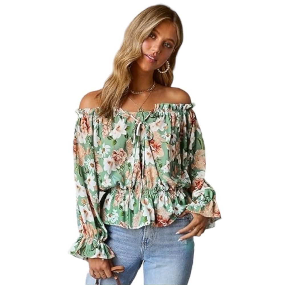 Floral Print Off The Shoulder Balloon Sleeve Blouse, Size M/L
